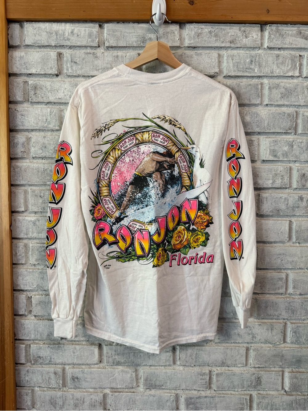 1989 Ron Jon Florida White Long-Sleeve Surf Graphic T-Shirt